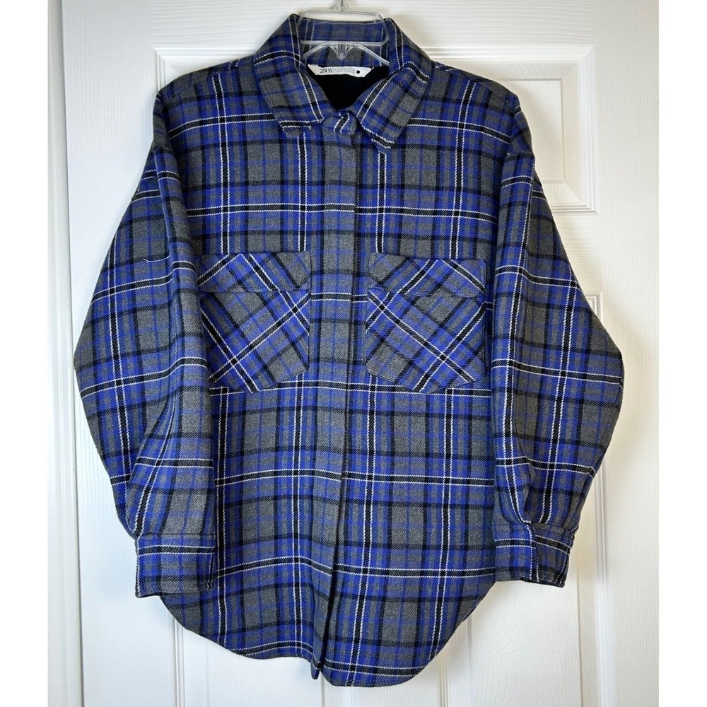 ZARA Plaid Flannel Shirt Jacket Blue Grey Black‎ Oversized Women's Small